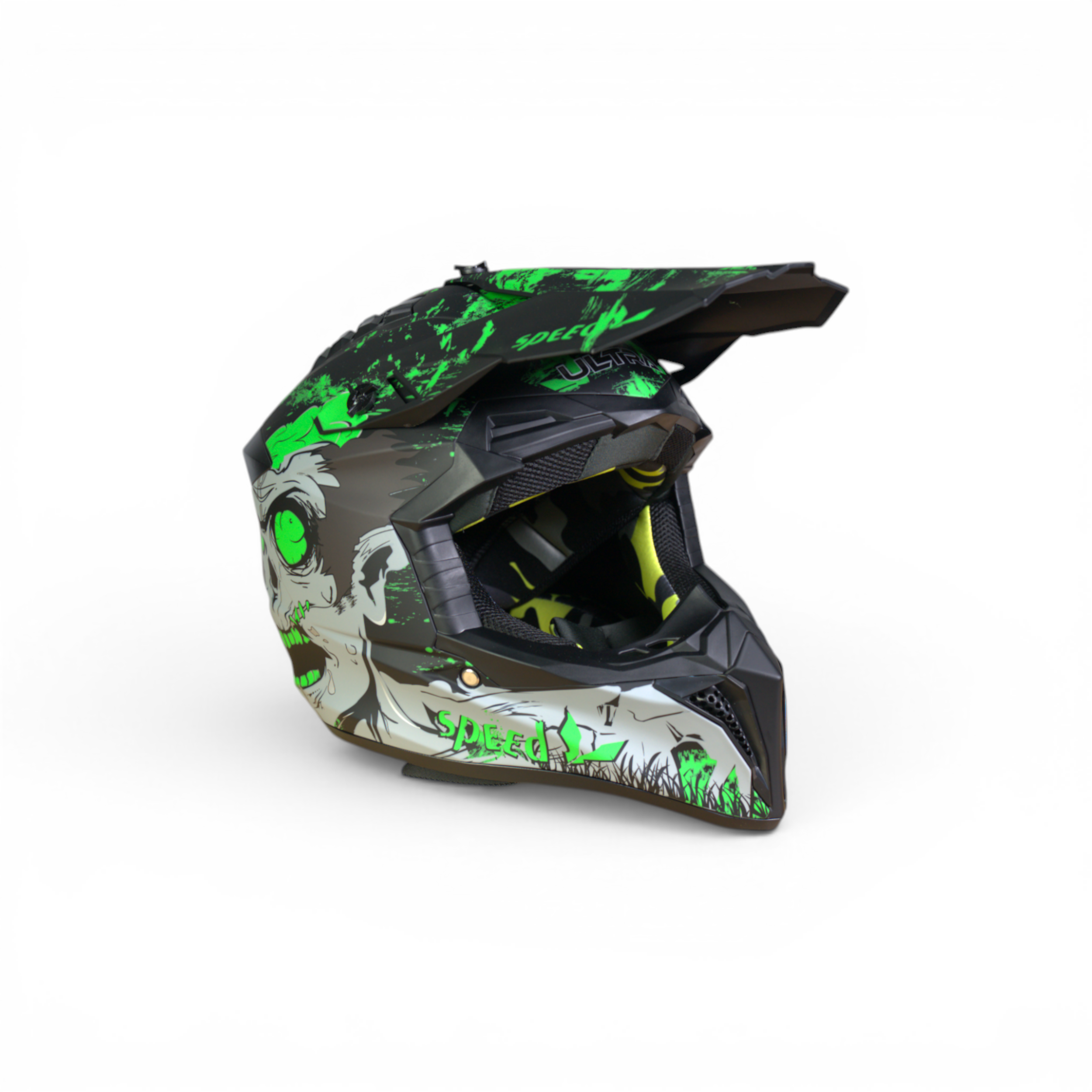 Speed Pro Crosshelm – Zombie Edition (Mat Zwart/Gifgroen)