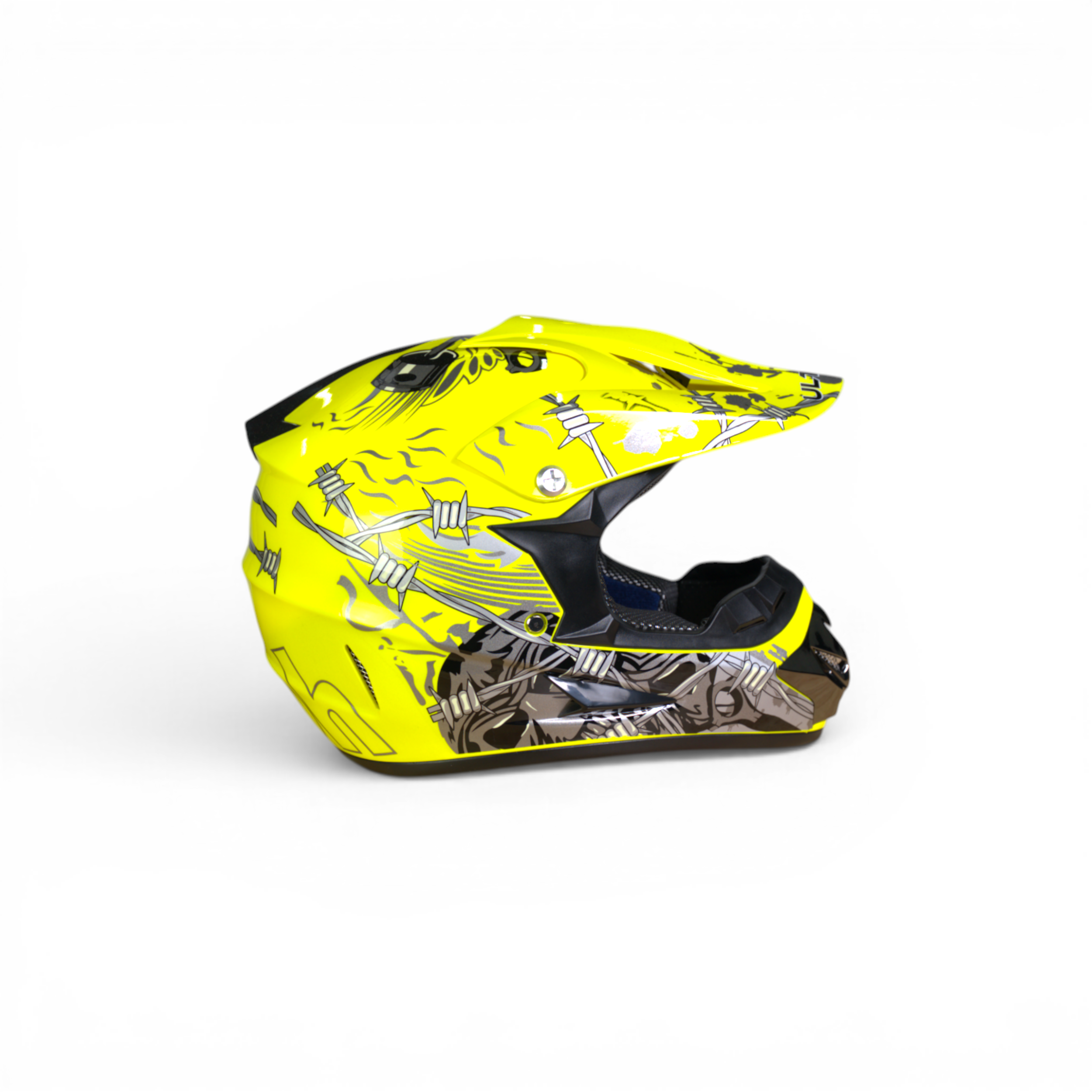 Pro Racing Crosshelm – Barbed Wire Edition (Neon Geel/Zilver/Zwart Gloss)
