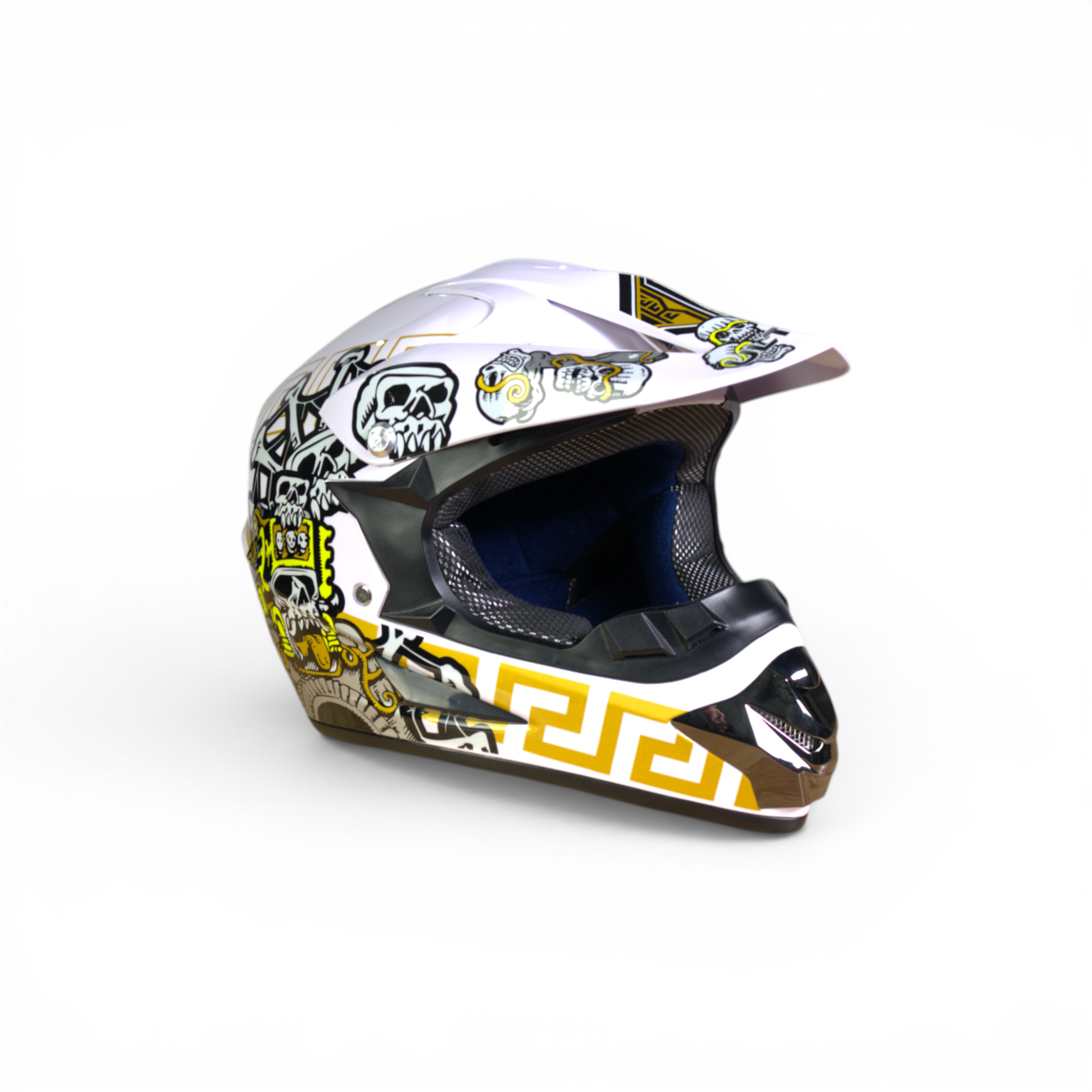Pro Racing Crosshelm – White Skull Edition (Wit/Goud/Zwart Gloss)