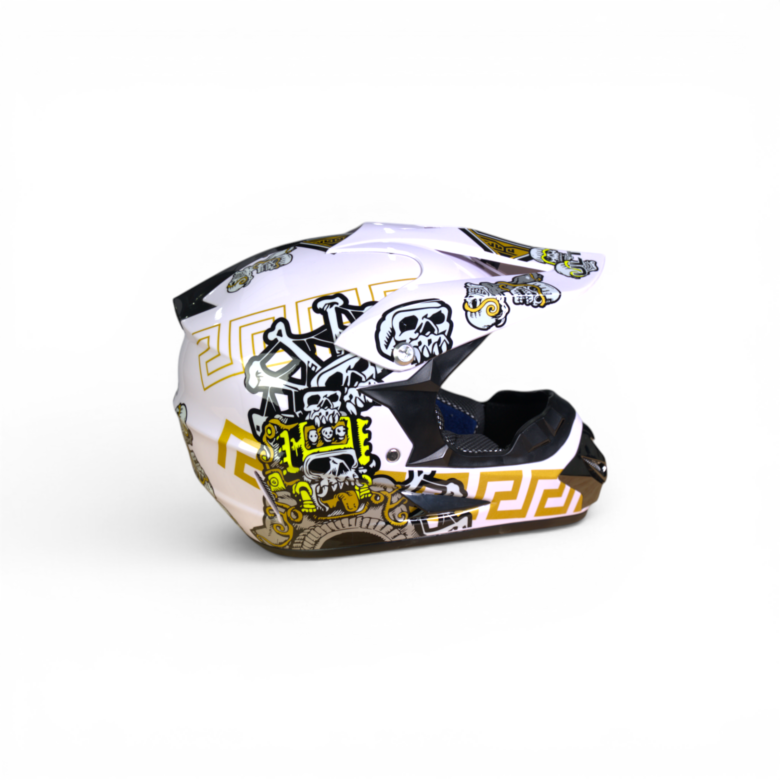 Pro Racing Crosshelm – White Skull Edition (Wit/Goud/Zwart Gloss)