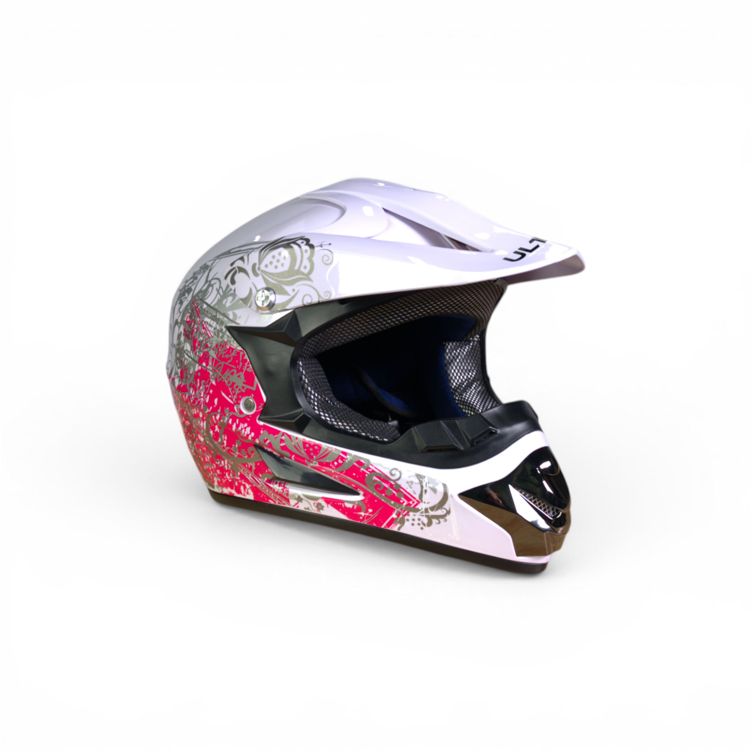 Pro Racing Crosshelm – Pink Blossom Edition (Wit/Roze/Zilver Gloss)