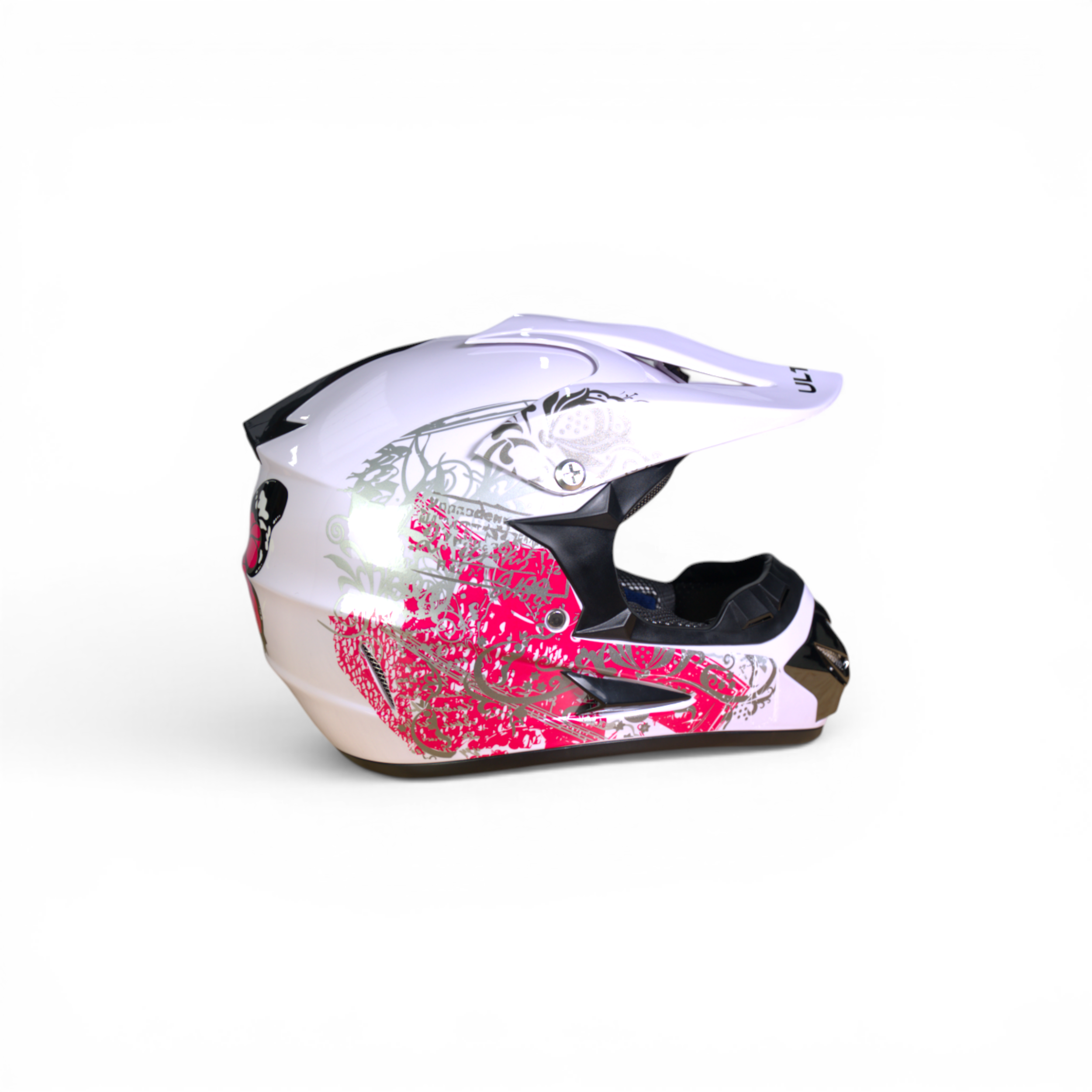 Pro Racing Crosshelm – Pink Blossom Edition (Wit/Roze/Zilver Gloss)