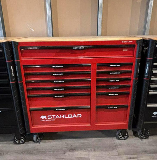 STAHLBÄR XXXL Houten Blad Gereedschapswagen 12 LADES Rood